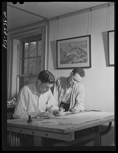 Raymond Freeman, senior, from Omaha, Nebraska and Jack Gibson, junior, from Perry, Iowa working on plans for the layout of a farmstead. The emphasis in the Landscape Architecture School is on community planning rather than the beautification of estates of private individuals. Iowa State College, Ame