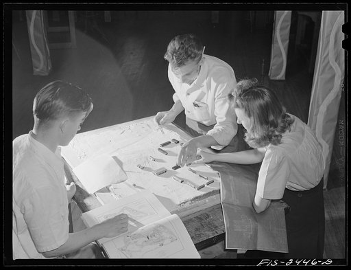 Mary Homans, John Staley and Edward Till, working on a model of a proposed NYA (National Youth Administration) training camp at the Landscape Architectural School. Iowa State College. Ames, Iowa