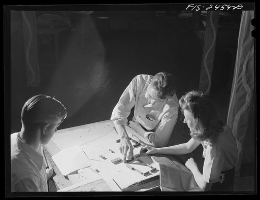 Untitled photo, possibly related to: Mary Homans, John Staley and Edward Till, working on a model of a proposed NYA (National Youth Administration) training camp at the Landscape Architectural School. Iowa State College. Ames, Iowa