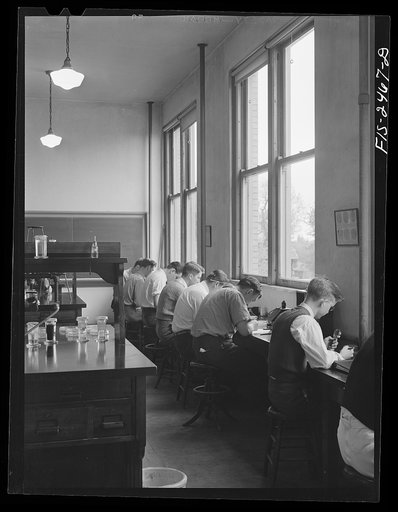 A senior class in bacteriology in the Dairy building at Iowa State College. Studets are counting bacteria in milk before and after pasteurization