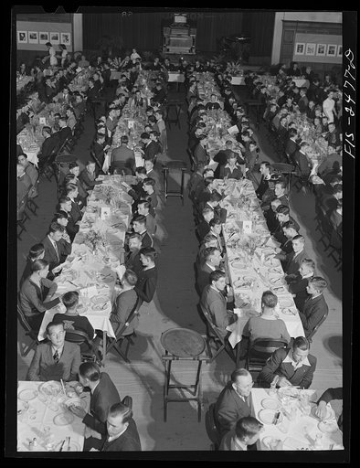 A banquet held for high school students at the Iowa High School Agricultural Congress at Iowa State College. Ames, Iowa. May 15, 1942. High school students from all over the state came to particpate in judging contests, discussions, etc., in all branches of agriculture