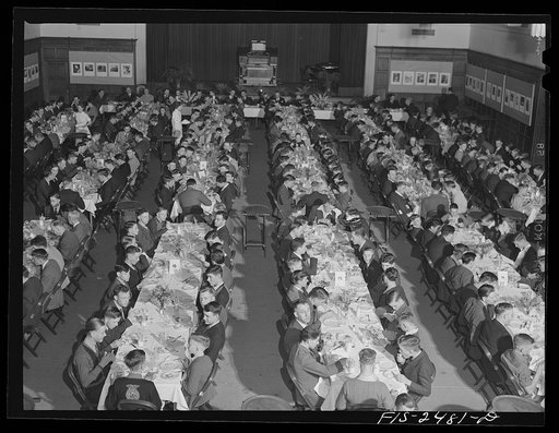 A banquet held for high school students at the Iowa High School Agricultural Congress at Iowa State College. Ames, Iowa. High school students from all over the state came to participate in judging contests, discussions, etc., in all branches of agriculture