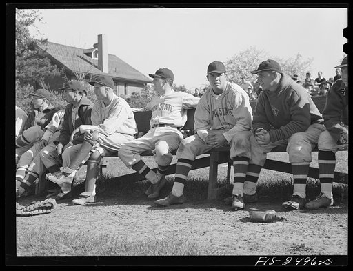 Baseball players during a game against Nebraska. Iowa State College. Ames, Iowa