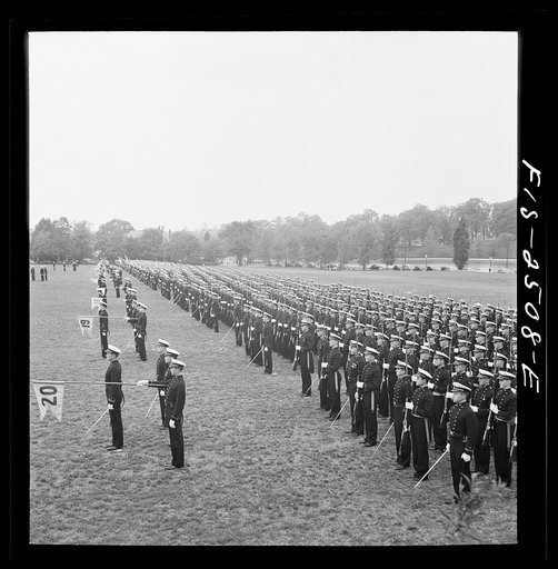 Annapolis, Maryland. Midshipmen of the U.S. Naval Academy passing review during the visit of President of Peru, Manuel Prado