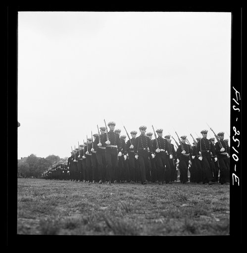 Annapolis, Maryland. Midshipmen of the U.S. Naval Academy passing review during the visit of President of Peru, Manuel Prado
