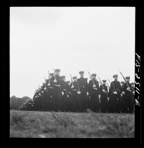 Annapolis, Maryland. Midshipmen of the U.S. Naval Academy passing review during the visit of President of Peru, Manuel Prado