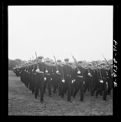 Annapolis, Maryland. Midshipmen of the U.S. Naval Academy passing review during the visit of President of Peru, Manuel Prado