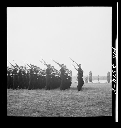 Annapolis, Maryland. Midshipmen of the U.S. Naval Academy passing review during the visit of President of Peru, Manuel Prado