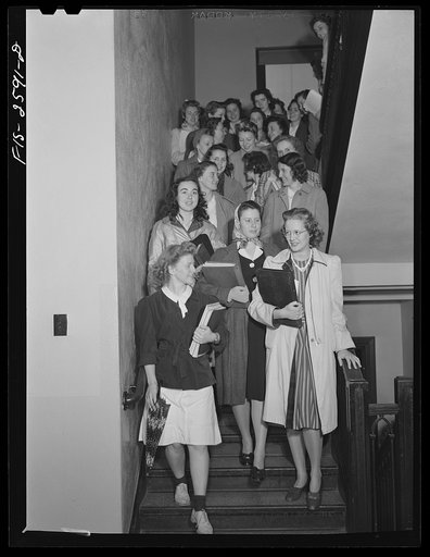 Between classes in the home economics building at Iowa State College. Ames, Iowa