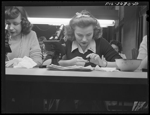 Studying textiles in the home economics department at Iowa State College. Ames, Iowa