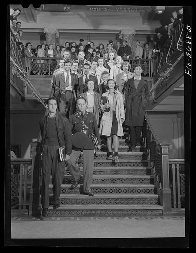 Between classes in Beardshear Hall at Iowa State College. Ames, Iowa