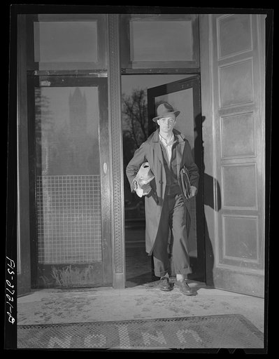 Untitled photo, possibly related to: Virgil Reinhart, from Carroll, Iowa is a freshmen in veterinary medicine. Entering Memorial Union during the lunch hour. Iowa State College. Ames, Iowa