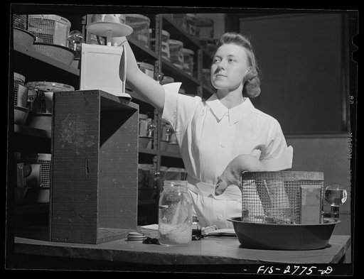 Conducting diet and nutrition experiments on rats in the animal laboratory of the home economics department at Iowa State College. Ames, Iowa