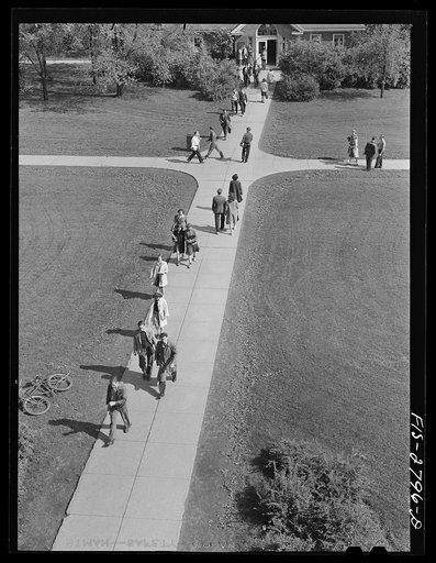 Untitled photo, possibly related to: On the campus between classes at Iowa State College. Ames, Iowa