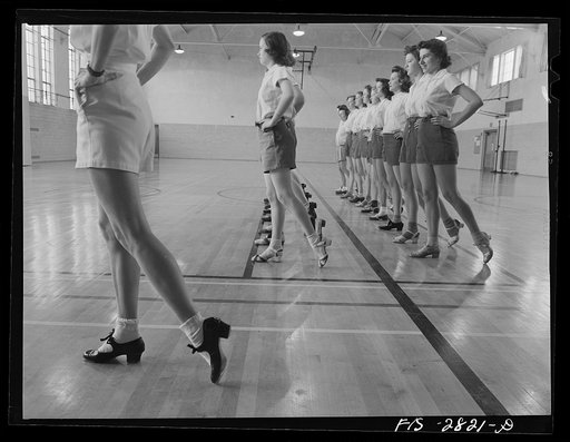 Untitled photo, possibly related to: Tap dancing class in the gymnasium at Iowa State College. Ames, Iowa