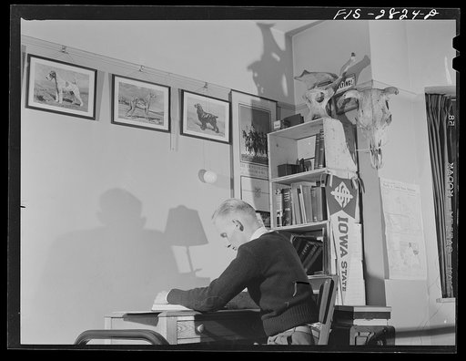 Untitled photo, possibly related to: Dick Lundvall, student of veterinary medicine, from Boxholm, Iowa where his father runs a small general store. Men's dormitory, Iowa State College. Ames, Iowa