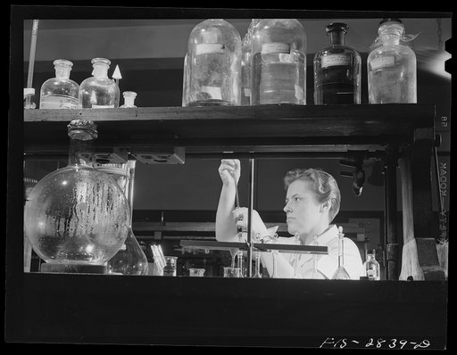 Miss Dorothy Ehmke, conducting urea tests on the blood of pregnant rats as part of a study of the effect of meat diets on toxemic pregnancy in rats. In the research lab in the home economics department at Iowa State College. Ames, Iowa