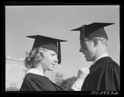 Untitled photo, possibly related to: Bob Aden and his wife, Marion, on graduation day. She graduated from the Liberal Arts College; he received his master's degree in Business Administration. University of Nebraska, Lincoln