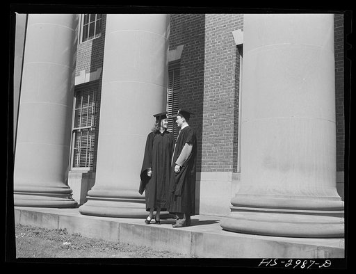 Untitled photo, possibly related to: Bob Aden and his wife, Marion, on graduation day. She graduated from the Liberal Arts College; he received his master's degree in Business Administration. University of Nebraska, Lincoln