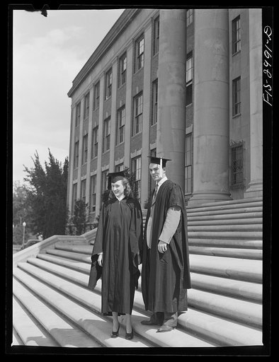 Untitled photo, possibly related to: Bob Aden and his wife, Marion, on graduation day. She graduated from the Liberal Arts College; he received his master's degree in Business Administration. University of Nebraska, Lincoln