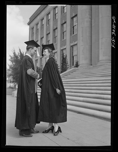 Untitled photo, possibly related to: Bob Aden and his wife, Marion, on graduation day. University of Nebraska, Lincoln