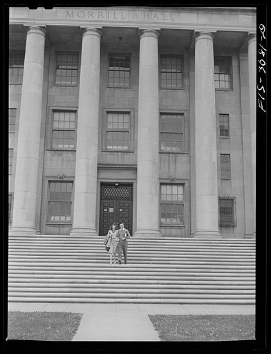 Bob Aden and Marion coming out of class. University of Nebraska, Lincoln