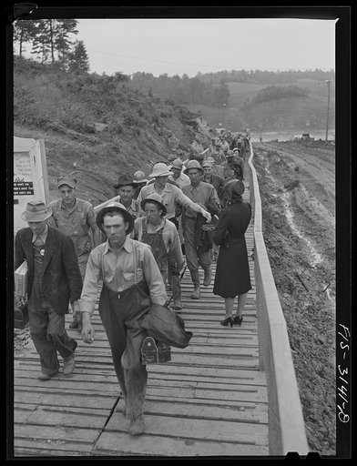 untitled photo, possibly related to: Douglas Dam, Tennessee. Tennessee Valley Authority (TVA). Workers leaving the job