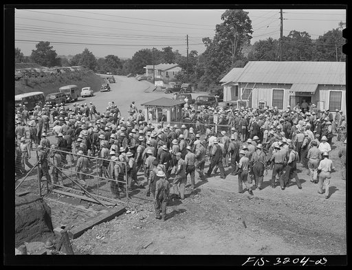 Fort Loudon [i.e., Loudoun] Dam, Tennessee. Tennessee Valley Authority (TVA). Workers leaving the job at change of shift