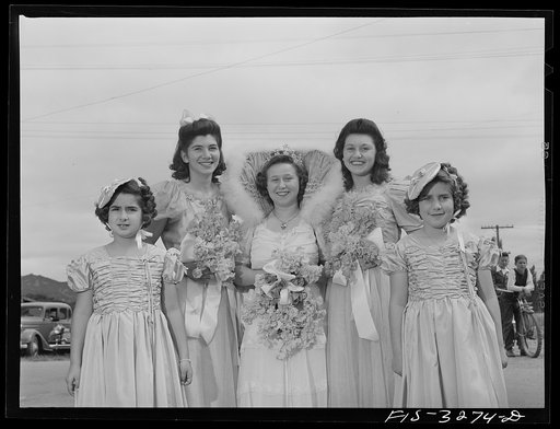 Irene Farias, who was queen of the Saint Jude Society of San Lorenzo, and her maids visit the Holy Ghost Festival at Novato, California. Miss Farias' mother was born in Portugal, her father in Honolulu