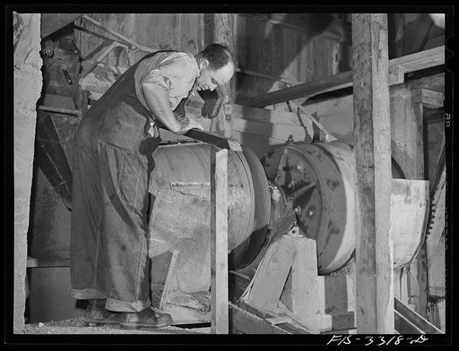 Kern County, California. Mill of the Tungsten Chief Mine. Ball mills grind the tungsten ore to a fine consistency which is suitable for the tabling concentration