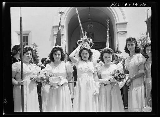 The Queen of the Portuguese-American Festival of the Holy Ghost leaving the church, Novato, California