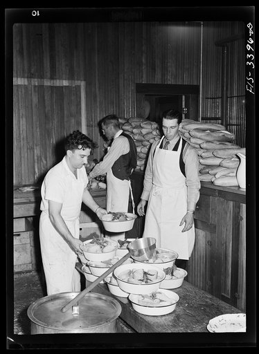 Making the soupa for dinner at the Festival of the Holy Ghost, Novato California. Soupa is one of the special dishes of the Portuguese-Americans and consists of spiced gravy poured over sliced bread and big sprigs of fresh mint