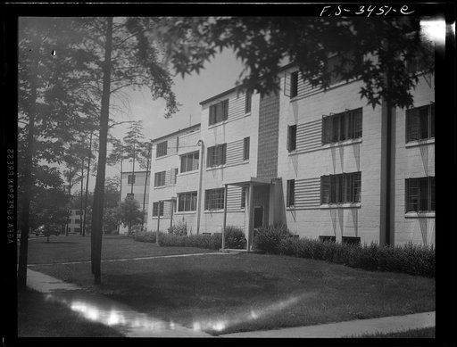 Untitled photo, possibly related to: Greenbelt, Maryland. Federal housing project. Two flat-roofed houses from the front