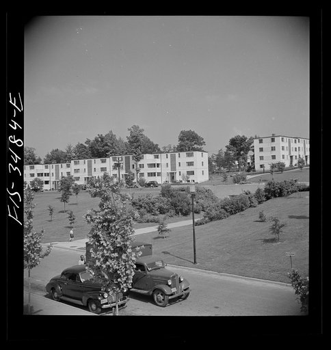 Greenbelt, Maryland. Federal housing project. View from the shopping center roof showing apartment houses on the hill