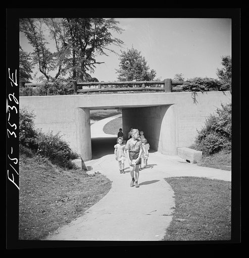 Untitled photo, possibly related to: Greenbelt, Maryland. Federal housing project. Most street crossings are eliminated by underpasses so that children can safely go anywhere