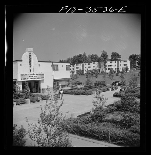 Untitled photo, possibly related to: Greenbelt, Maryland. Federal housing project. View of the shopping center showing the moving picture house