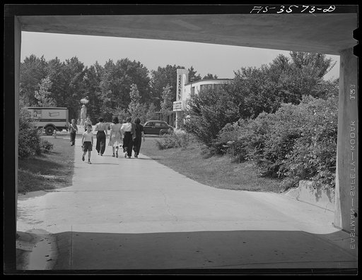 Greenbelt, Maryland. View of the shopping center through the underpass