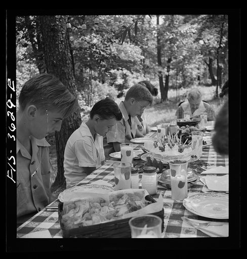 Untitled photo, possibly related to: Greenbelt, Maryland. Party for Mrs. Taylor's eighty third birthday, attended by her children and grandchildren, on the grounds of the home of her son-in-law, Dr. McCarl