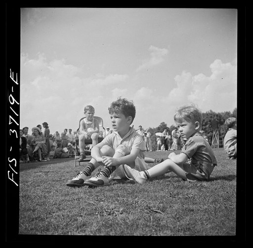 Untitled photo, possibly related to: Greenbelt, Maryland. Bird's-eye view of the Memorial Day ceremony, with the swimming pool in the background