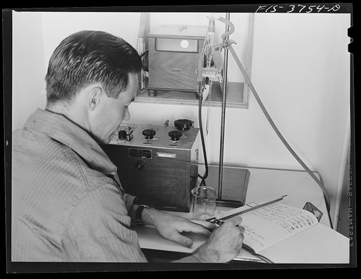 J.D. Ponting, junior chemist in division of commodity processing, conducts a galvanometer test on vitamin C content of dehydrated vegetable. Regional agricultural research laboratroy, Albany, California