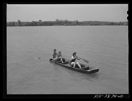 Untitled photo, possibly related to: Sheffield, Alabama (Tennessee Valley Authority (TVA)). Kenneth C. Hall, wife and daughter rowing on the Tennessee River