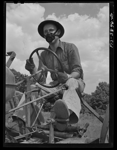 Lauderdale County, Alabama. Tennessee Valley Authority (TVA). Julien H. Chase driving a tractor and wearing a dust respirator while harrowing