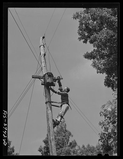 Lauderdale County, Alabama. Tennessee Valley Authority (TVA). Julien H. Case fixing the transformer on his farm