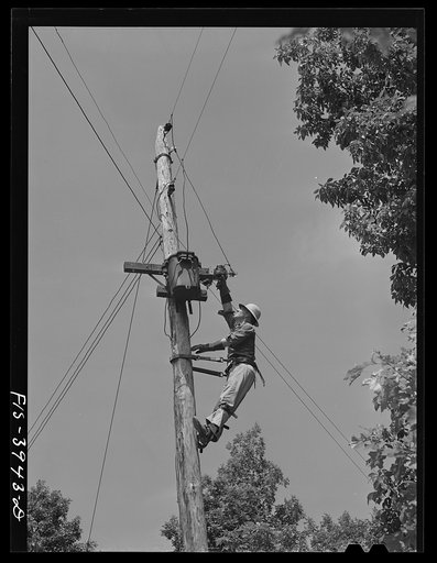 Untitled photo, possibly related to: Lauderdale County, Alabama. Tennessee Valley Authority (TVA). Julien H. Case repairing the transformer which brings TVA electricity to his farm. Case uses 900 kilowatt hours each month