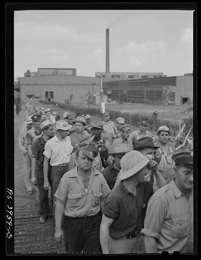 Untitled photo, possibly related to: Wilson Dam, Alabama (Tennessee Valley Authority (TVA)). Workers checking out at end of shift at a chemical engineering plant