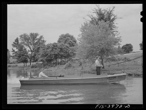 Tennessee River, Alabama (Tennessee Valley Authority (TVA)). Spraying the banks of the Tennessee River to destroy mosquitoes which carry malaria