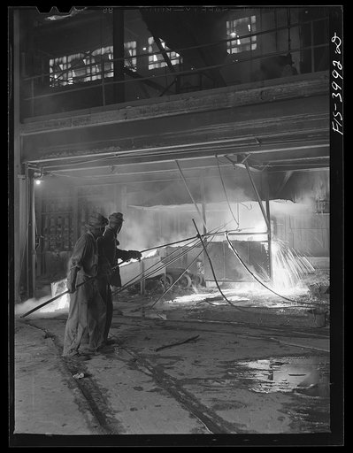 Untitled photo, possibly related to: Wilson Dam, Alabama (Tennessee Valley Authority (TVA)). Tapping the slag at a phosphorus furnace at a chemical plant