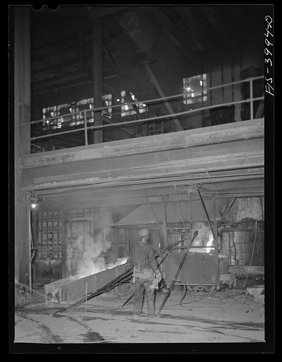 Untitled photo, possibly related to: Wilson Dam, Alabama (Tennessee Valley Authority (TVA)). Tapping the slag at a phosphorus furnace at a chemical plant
