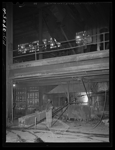 Untitled photo, possibly related to: Wilson Dam, Alabama (Tennessee Valley Authority (TVA)). Tapping the slag at a phosphorus furnace at a chemical plant