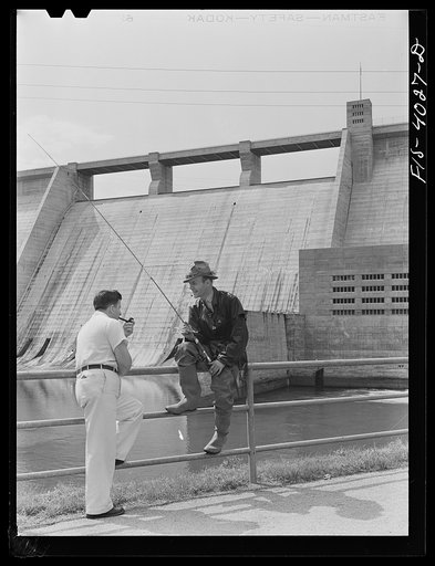 Untitled photo, possibly related to: Norris Dam, Tennessee (Tennessee Valley Authority (TVA)). Fishing at the base of Norris Dam